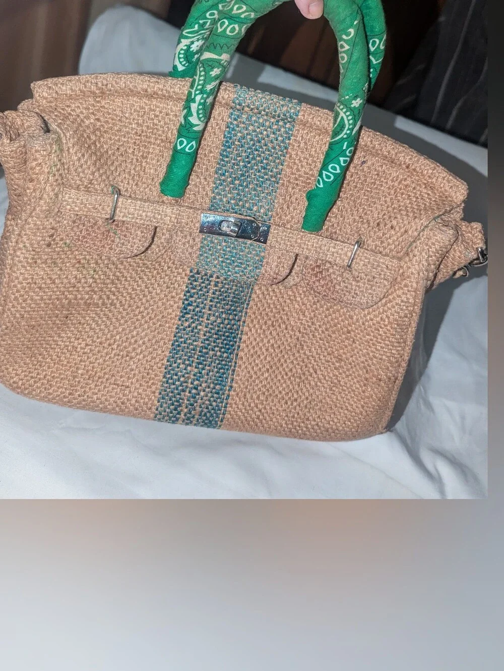 Woven Paris Jute Burlap Satchel Bag with Green Bandana Wrapped Handles Accent
